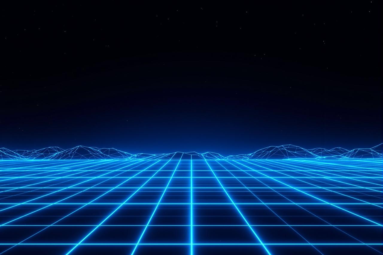 子子影视背景 - 霓虹像素网格构成的数字电影世界